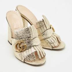 Pre Owned Gucci Gold Crinkled Leather Marmont GG Fringe Mule Sandals Size 38
