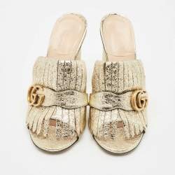Pre Owned Gucci Gold Crinkled Leather Marmont GG Fringe Mule Sandals Size 38