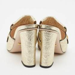 Pre Owned Gucci Gold Crinkled Leather Marmont GG Fringe Mule Sandals Size 38