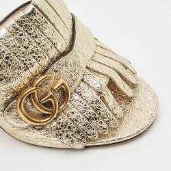 Pre Owned Gucci Gold Crinkled Leather Marmont GG Fringe Mule Sandals Size 38