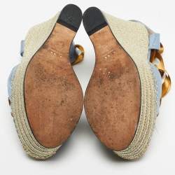 Pre Owned Gucci Blue/Gold Leather Ankle Wrap Wedge Sandals Size 36