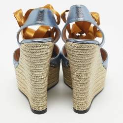 Pre Owned Gucci Blue/Gold Leather Ankle Wrap Wedge Sandals Size 36