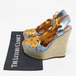 Pre Owned Gucci Blue/Gold Leather Ankle Wrap Wedge Sandals Size 36