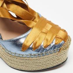 Pre Owned Gucci Blue/Gold Leather Ankle Wrap Wedge Sandals Size 36