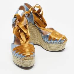 Pre Owned Gucci Blue/Gold Leather Ankle Wrap Wedge Sandals Size 36