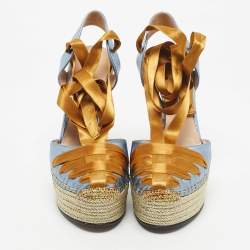 Pre Owned Gucci Blue/Gold Leather Ankle Wrap Wedge Sandals Size 36