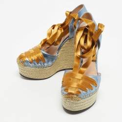 Pre Owned Gucci Blue/Gold Leather Ankle Wrap Wedge Sandals Size 36
