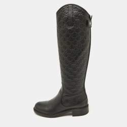 Pre Owned Gucci Black Guccissima Leather Knee Length Boots Size 37.5