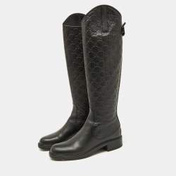 Pre Owned Gucci Black Guccissima Leather Knee Length Boots Size 37.5