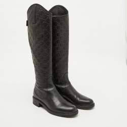 Pre Owned Gucci Black Guccissima Leather Knee Length Boots Size 37.5