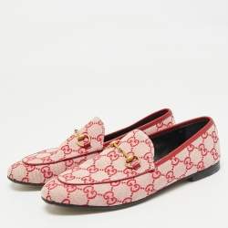 Pre Owned Gucci Red/Pink GG Canvas and Leather Jordaan Horsebit Loafers Size 38.5