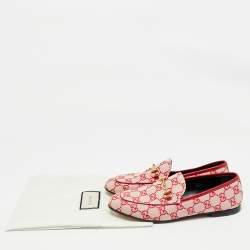Pre Owned Gucci Red/Pink GG Canvas and Leather Jordaan Horsebit Loafers Size 38.5