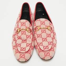 Pre Owned Gucci Red/Pink GG Canvas and Leather Jordaan Horsebit Loafers Size 38.5