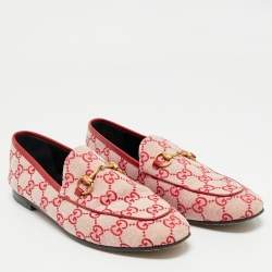 Pre Owned Gucci Red/Pink GG Canvas and Leather Jordaan Horsebit Loafers Size 38.5