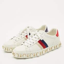 Pre Owned Gucci White Leather Pearl Studded Ace Sneakers Size 37