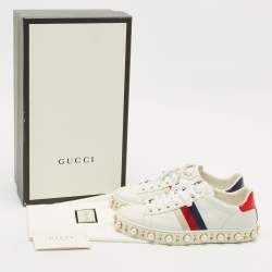 Pre Owned Gucci White Leather Pearl Studded Ace Sneakers Size 37