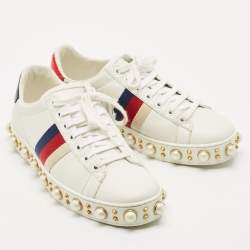 Pre Owned Gucci White Leather Pearl Studded Ace Sneakers Size 37