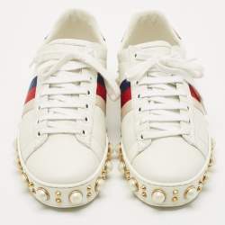 Pre Owned Gucci White Leather Pearl Studded Ace Sneakers Size 37