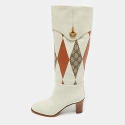 Pre Owned Gucci Multicolor Leather and GG Supreme Canvas Knee Length Boots Size 38.5