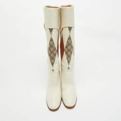 Pre Owned Gucci Multicolor Leather and GG Supreme Canvas Knee Length Boots Size 38.5
