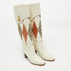 Pre Owned Gucci Multicolor Leather and GG Supreme Canvas Knee Length Boots Size 38.5