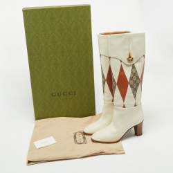 Pre Owned Gucci Multicolor Leather and GG Supreme Canvas Knee Length Boots Size 38.5