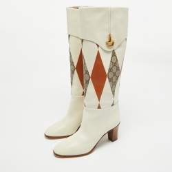 Pre Owned Gucci Multicolor Leather and GG Supreme Canvas Knee Length Boots Size 38.5