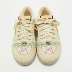 Pre Owned Gucci Multicolor Nubuck Leather and Crystal GG Canvas Screener Sneakers Size 36