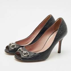 Pre Owned Gucci Black Leather New Hollywood Horsebit Peep Toe Pumps Size 38