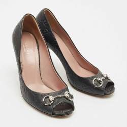 Pre Owned Gucci Black Leather New Hollywood Horsebit Peep Toe Pumps Size 38