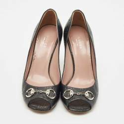 Pre Owned Gucci Black Leather New Hollywood Horsebit Peep Toe Pumps Size 38