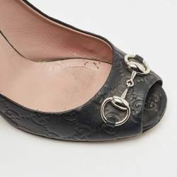 Pre Owned Gucci Black Leather New Hollywood Horsebit Peep Toe Pumps Size 38