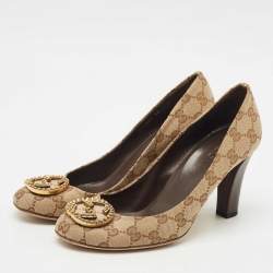 Pre Owned Gucci Beige/Brown GG Canvas and Leather Logo Peep Toe Pumps Size 38