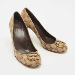 Pre Owned Gucci Beige/Brown GG Canvas and Leather Logo Peep Toe Pumps Size 38