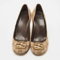 Pre Owned Gucci Beige/Brown GG Canvas and Leather Logo Peep Toe Pumps Size 38
