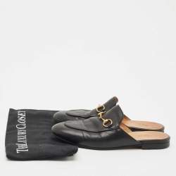 Pre Owned Gucci Black Leather Princetown Horsebit Flat Mules Size 36.5