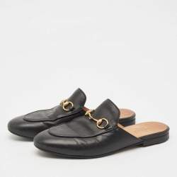 Pre Owned Gucci Black Leather Princetown Horsebit Flat Mules Size 36.5