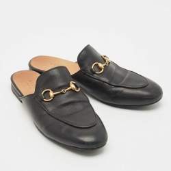 Pre Owned Gucci Black Leather Princetown Horsebit Flat Mules Size 36.5