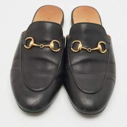 Pre Owned Gucci Black Leather Princetown Horsebit Flat Mules Size 36.5