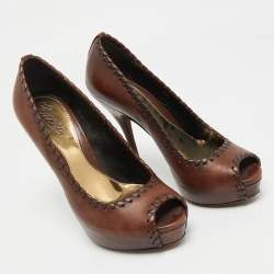 Pre Owned Gucci Brown Leather Platform Peep Toe Pumps Size 36