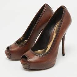 Pre Owned Gucci Brown Leather Platform Peep Toe Pumps Size 36