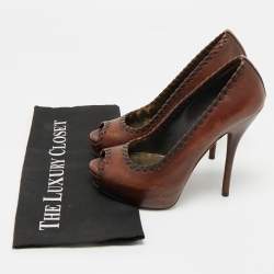 Pre Owned Gucci Brown Leather Platform Peep Toe Pumps Size 36