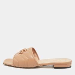 Pre Owned Gucci Beige Leather Interlocking G Cut Out Flat Slides Size 40