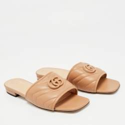Pre Owned Gucci Beige Leather Interlocking G Cut Out Flat Slides Size 40