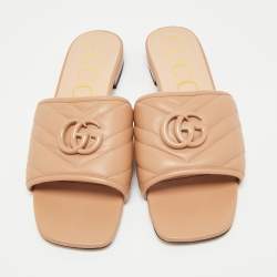 Pre Owned Gucci Beige Leather Interlocking G Cut Out Flat Slides Size 40