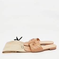 Pre Owned Gucci Beige Leather Interlocking G Cut Out Flat Slides Size 40