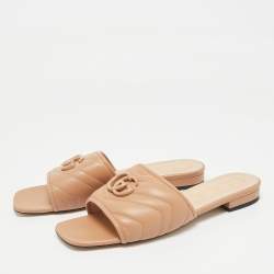Pre Owned Gucci Beige Leather Interlocking G Cut Out Flat Slides Size 40