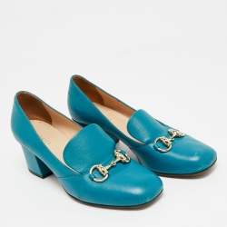 Pre Owned Gucci Blue Leather Horsebit Loafer Pumps Size 36
