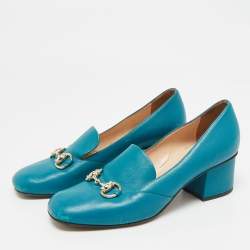 Pre Owned Gucci Blue Leather Horsebit Loafer Pumps Size 36