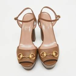 Pre Owned Gucci Brown Leather Claudie Ankle Strap Platform Sandals Size 35.5